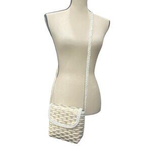Vintage 90s Y2K LJS Collection Woven Leather Crossbody Shoulder Bag White & Gold